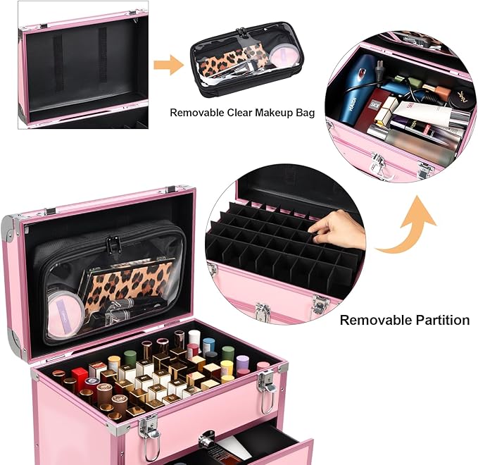 3 in 1 Rolling Makeup Case, Professional Cosmetology Case on Wheels, Detachable Clear Makeup Bag & Nail Polish Organizer, Portable Makeup Trolley with Drawers for Makeup Artists & Nail Technicians