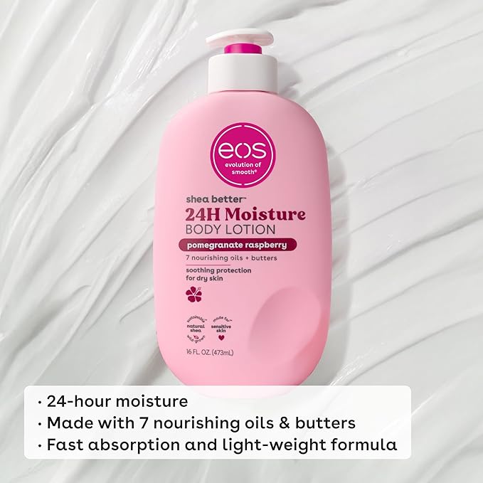 eos Shea Better Body Lotion Pomegranate Raspberry,24-Hour Moisture Skin Care,Lightweight & Non-Greasy,Natural Shea,Vegan,16 fl oz,(Pack of 2)