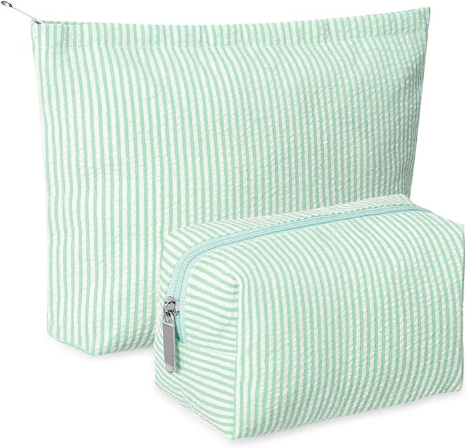 2 Pcs Makeup Bag Set Cute Cosmetic Pouch for Women Seersucker Travel Toiletry Bag Preppy Small Makeup Purse Pouch Aesthetic Skincare Brushes Storage Organizer for Valentine Women(Green)
