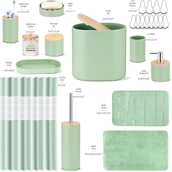 IMAVO Green Bathroom Set,26Pcs Bathroom Accessories Set with PVC Shower Curtain,Rugs,Trash Can,Tray,Soap Dispenser,Soap Dish,Toothbrush Holder,Toothbrush Cup,Toilet Brush Holder and Qtip Holders