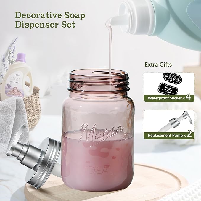 Amolliar 16 Oz Plastic Soap Dispenser, Refillable Hand Dish Soap Dispenser - Vintage Rose Bottle with Silver Pump Lids, for Farmhouse Bathroom Kitchen, Includes 2 Extra Pump & Waterproof Label