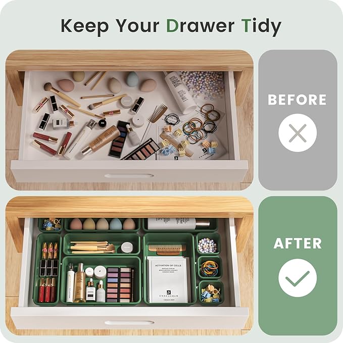 【𝟮𝟴𝗣𝗖𝗦】 【𝟱𝗦𝗶𝘇𝗲】 ArmyGreen Drawer Organizer, Makeup organizer, 【Holds 177 Items】 Bathroom Organizers and Storage, Plastic Desk Organizer Divider, Organizer Bins for Office Vanity A-LUGEI