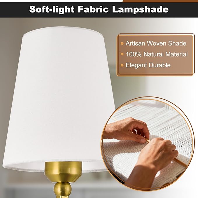Bathroom Vanity Light, Brushed Gold Bathroom Light Fixtures, 2-Light Lighting Fixtures Over Mirror, Modern Wall Sconce with Flared White Fabric Shade, E26 Socket(ETL Listed)