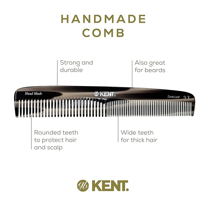 Kent 9T Graphite Fine and Wide Tooth Comb Detangler - Large Handmade and Saw-Cut Dressing Comb - Wet Hair Comb for Women and Durable Grooming Combs for Men Made in England