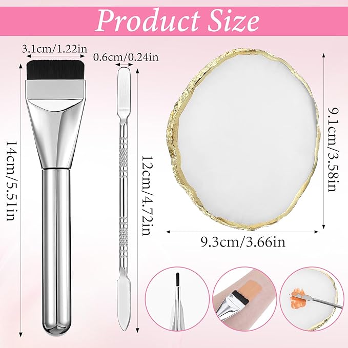 3PCS Resin Makeup Mixing Palette Set, Makeup Mixing Tray, Nail Polish Palette, Flat Foundation Brush and Spatula, DIY Gel Design Nails Eye Shadow Blending Art Tool Gold Edge