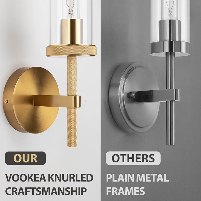 15" Knurled Gold Hardwired Wall Sconces Set of 2, Bathroom Vanity Light Fixtures with Clear Glass Tube, Modern Lamp Lighting for Bedroom, Living Room, Hallway, Staircase, Mirror, Kitchen