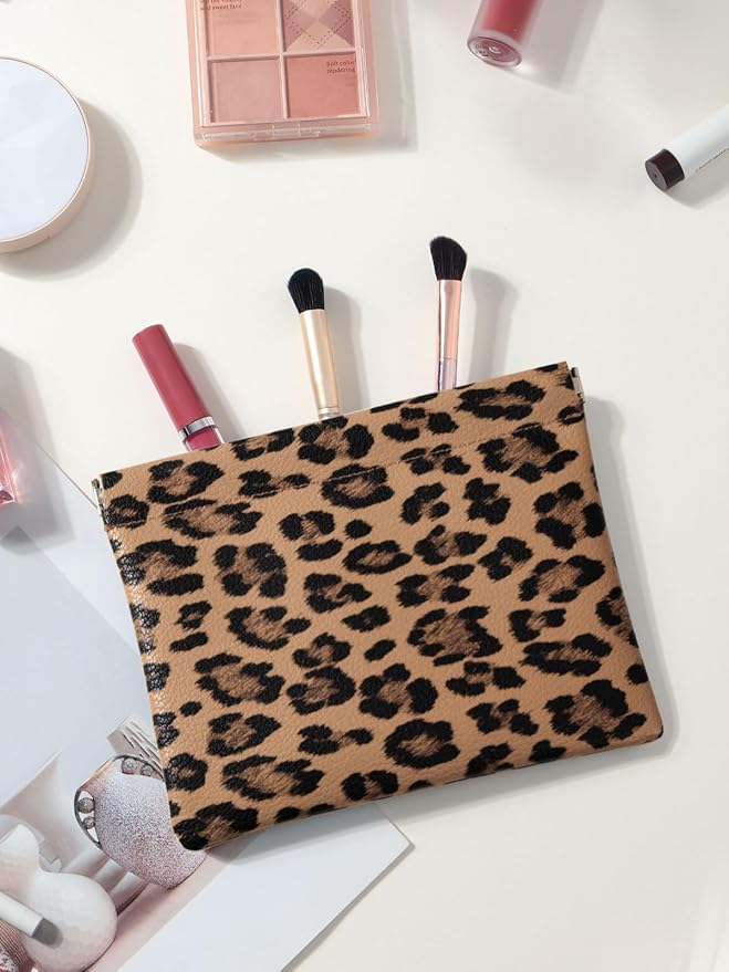 Leopard Leather Small Makeup Pouch for Women,Cosmetic Accessories Organizer,Waterproof and Portable Cosmetic Bag,Self-closing, No Zipper, Aesthetic Storage Pouch,Lipstick for Purse,Brown