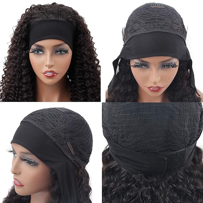 XSY 28 Inch Headband Wig Human Hair Deep Wave Brazilian Virgin Human Hair Wigs for Black Women Glueless None Lace Front Wig Machine Made Curly Headband Wig 150% Density Natural Colour
