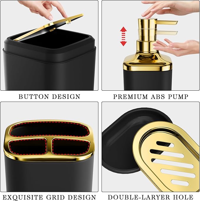 Bathroom Accessories Set - Luxury Black Bathroom Set, 9 Pieces Bathroom Accessory Set, Black Bathroom Accessories with Trash Can, Toilet Brush & Soap Dispenser