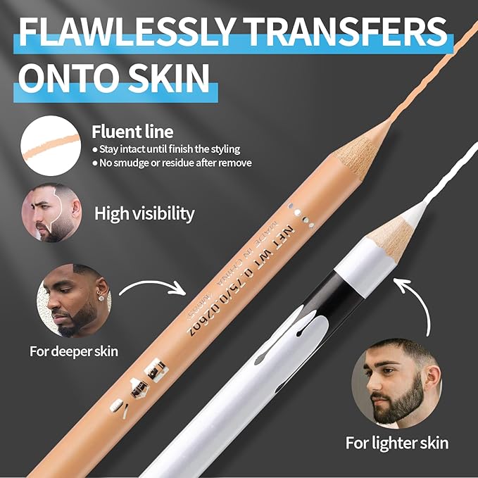 Noerrors Barber Pencil for Lineup White Beige Skin Tone Magic Hairline Pencils Barber Chalk Set Beard Guide Pen with Sharpener Ruler Brush for Hair Design Shaping Trace Grooming Makeup Tool for Men