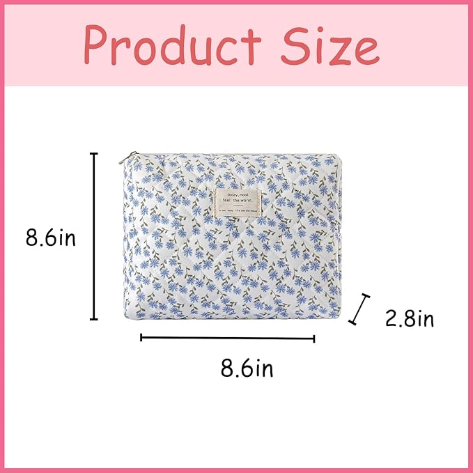 uekeboag Quilted Cotton Makeup Bag,Coquette Quilted Toiletry Bag for Women and Girls,Floral Coquette Pouch,Cute Kawaii Travel Cosmetic Bags(Dark Blue Flower)