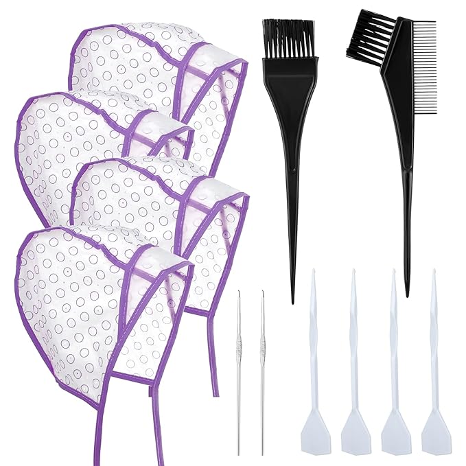Bewudy Hair Highlighting and Coloring Kit with 12 Frosting Caps, Hooks for Salon Dyeing and Hairdressing (Purple)