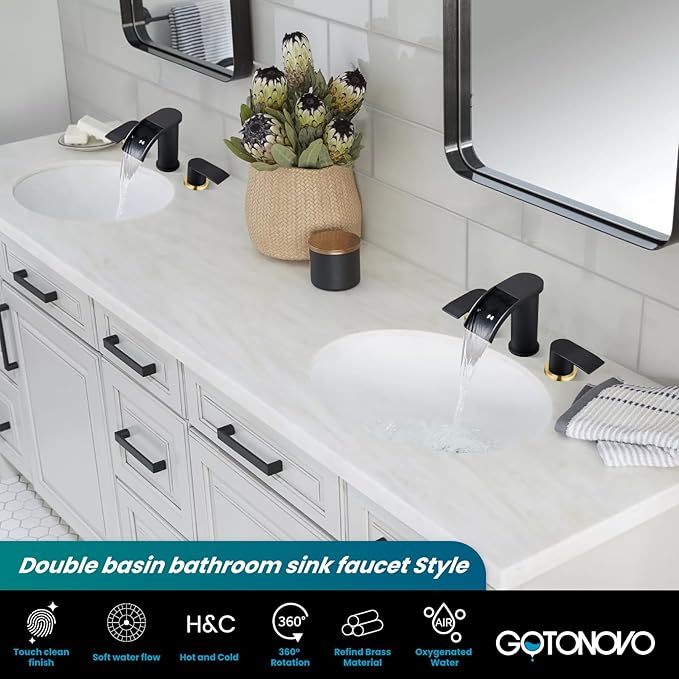 gotonovo Waterfall 8 inch Widespread Bathroom Faucet Set Bathroom Sink Faucet 3 Hole 2 Handle Vanity Lavatory Deck Mount with Pop Up Drain and Water Supply Lines Round Body Matte Black & Brushed Gold