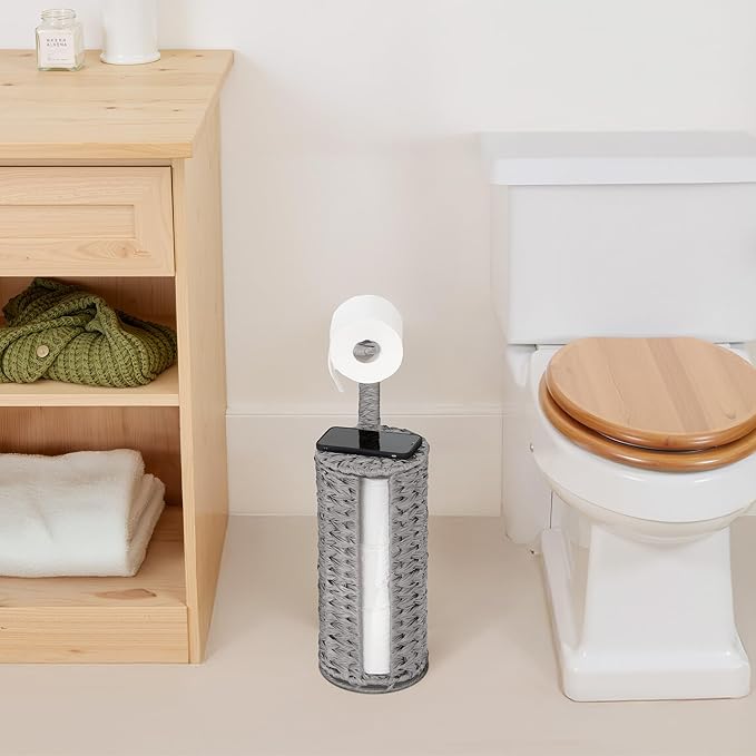 GRANNY SAYS Wicker Freestanding Toilet Paper Holder Stand with Storage, Modern Covered Toilet Paper Stand for 4 Rolls with Shelf for Wet Wipes, Tissue Holder for Bathroom Decor and RV, Gray