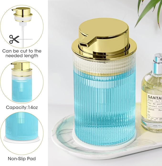 NiHome 14oz Multifunctional Glass Foaming Hand Soap Dispenser with Elegant Stripe Pattern, High-Capacity Easy to Refill for Home & Commercial Use, Advanced Foam Pump & Non-Slip Base (Gold)