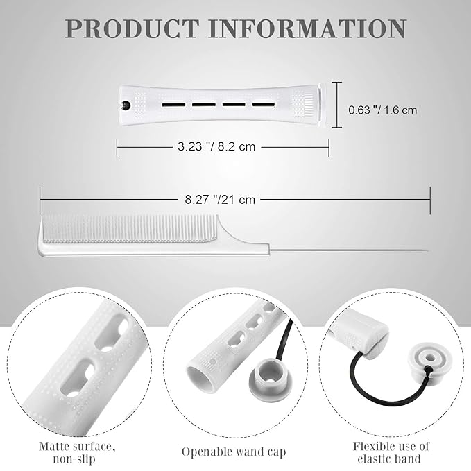 48 Plastic Hair Perming Rods and Curlers with Steel Pintail Comb for Hairdressing Styling (White, 0.63 Inch/ 1.6 cm)