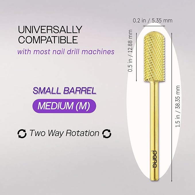 PANA 3/32" Shank Size Smooth Top Small Barrel Carbide - Nail Drill Bit for Dremel Machine Manicure Pedicure Nail Salon Tools Gel Polish & Acrylics Removal (Gold, Medium)