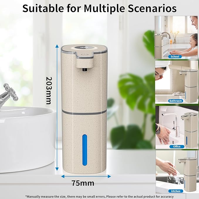 Automatic Liquid Soap Dispenser, Touchless Rechargeable Hand Soap Dispenser, 4 Adjustable Levels, 1200mAh Battery, Large Display, for Kitchen & Bathroom (Light Khaki, Liquid)