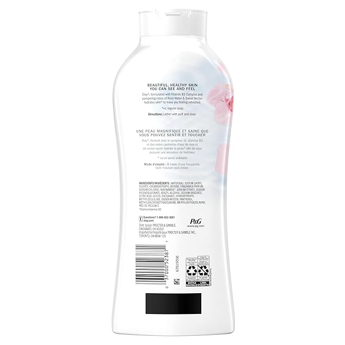Olay Body Wash for Women, Fresh Radiance, Refreshing & Renewing, Made with Plant Based Cleansers, B3 Botanical Complex, For All Skin Types, Rose Water & Sweet Nectar Scent, 22 fl oz (Pack of 4)