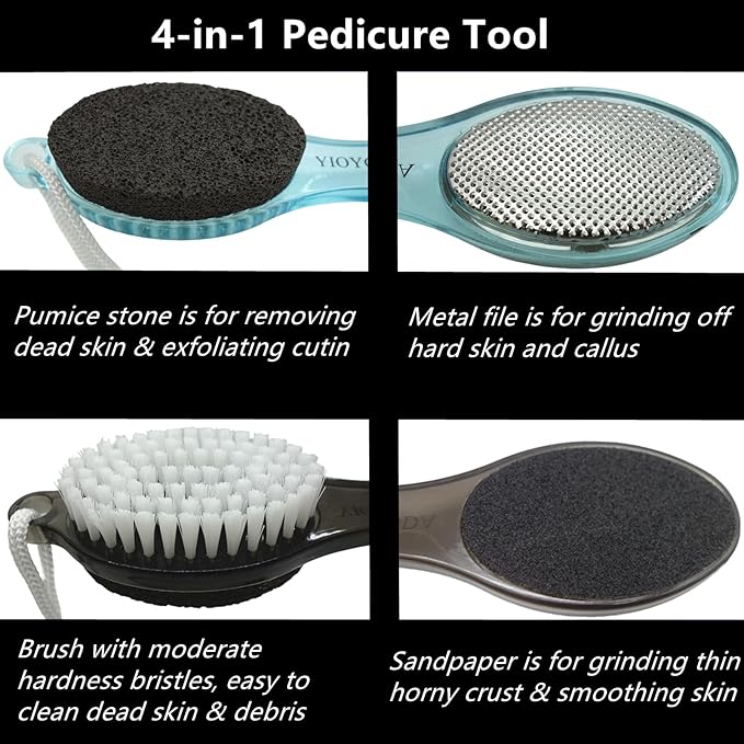 Foot File Callus Remover 4-in-1, Feet Scraper Pedicure Tools with Pumice Stone, Scrubber Brush, Foot Rasp and Sand Paper, Double Sided Multi Purpose, Clear Black and Blue