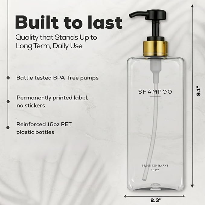 Clear Shampoo and Conditioner Dispenser Set by Brighter Barns - Refillable Plastic Shampoo Conditioner Body Wash Dispenser - Empty Pump Bottles for Body Wash - Minimalist Bathroom Decor, Gifts (Clear)