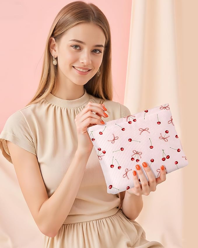 Cute Bow Cherries Makeup Pouch for Women Small Make Up Bag for Purse Zipper Initial Makeup Cosmetic Bags Pouches for Purse Aesthetic Travel Toiletry Bags,Red Pink Cherry