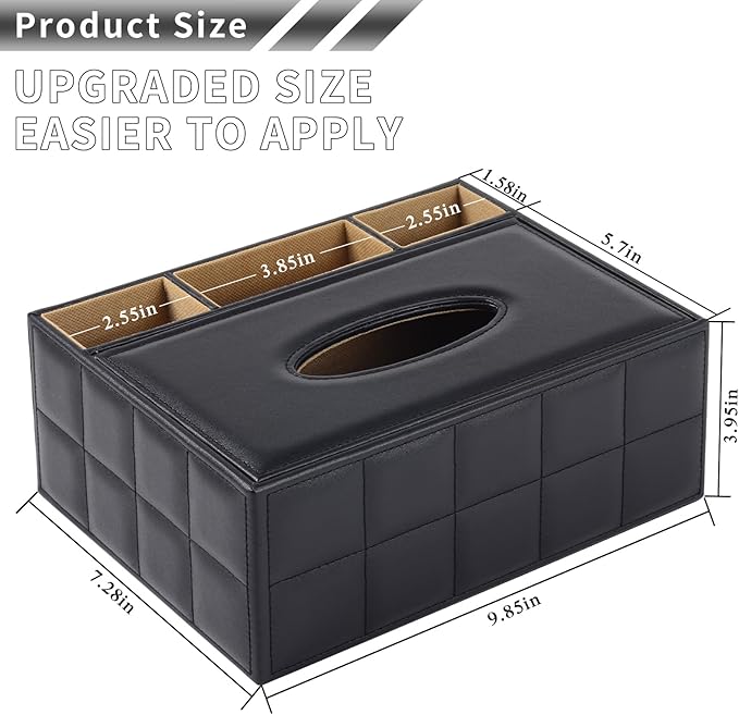PU Leather Rectangular Tissue Box Cover - Multifunctional Tissue Box Holder with Stationery Remote Control Box, Decorative Tissue Pen Remote Organizer for Home/Office/Restaurant
