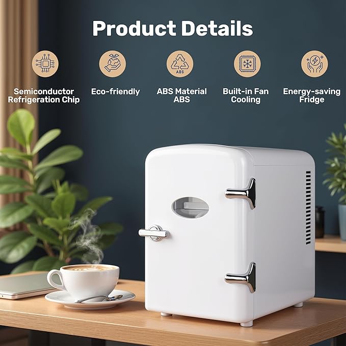 Simple Deluxe 9 Can 6L Mini Fridge with Clear Observation Window, Freon-Free Portable Compact Fridge, Cooler & Warmer for Drinks, Skincare, White