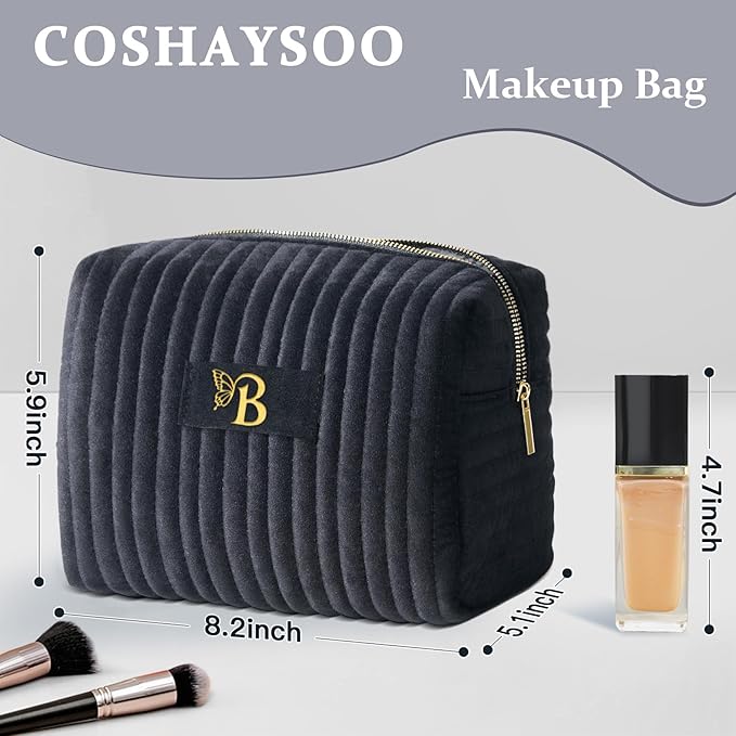 COSHAYSOO Customized Teacher Appreciation Gifts for Women Nurse Doctor Female Nursing Graduation Travel Makeup Bag Quilted Make Up Cosmetic Pouch Organizer Black Velvet Monogram Initial Letter B