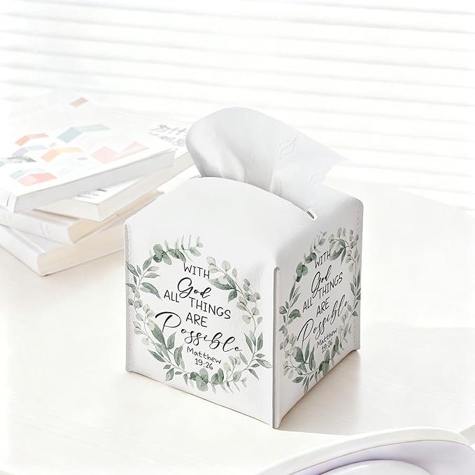 Eucalyptus Bible Verse Tissue Box Cover, PU Leather Drawstring Bottom - God Bible Verse, Eucalyptus Wildflower Decor, Thank You, Farewell, for Friends, Colleagues, Christians | Decorative Organizer