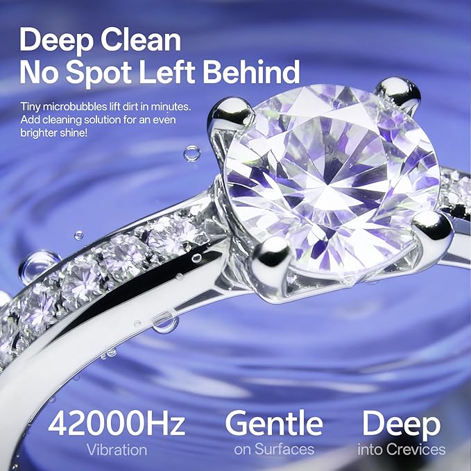 Ultrasonic Jewelry Cleaner with Detachable Tank – 42kHz Deep Cleaning for Rings, Necklaces, Makeup Brushes,4 Modes with U-V, Quiet Operation, IPX7 Waterproof – Also Ideal for Retainers & Dentures