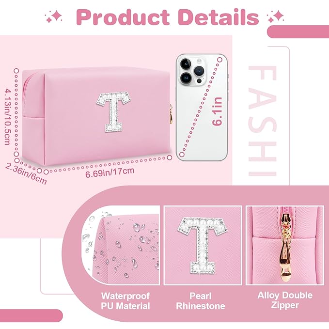 ChaoGreat Bride Gifts – Personalized Initial Makeup Bag with Pearl Rhinestone Patch, Preppy Pink Monogram Cosmetic/Toiletry Pouch, bridesmaid Gifts, Bridal Shower Gifts, Wedding Gifts, Bridal Gifts,T