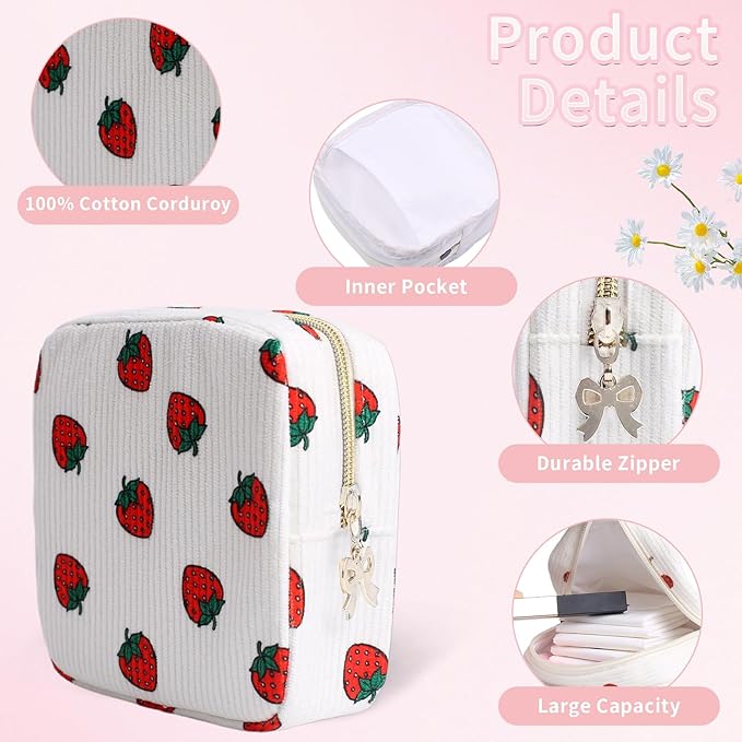 Period Bag for Women, Portable Corduroy Sanitary Napkin Storage Bag Strawberry Period Pouch with Zipper, Sanitary Pads Bag Tampons Holder for Purse, First Period