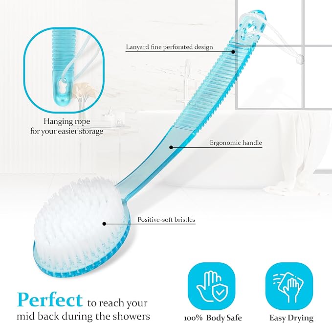 DecorRack Bath Brush with Bristles, Long Handle for Exfoliating Back, Body, and Feet, Bath and Shower Scrubber, Blue (1 Pack)