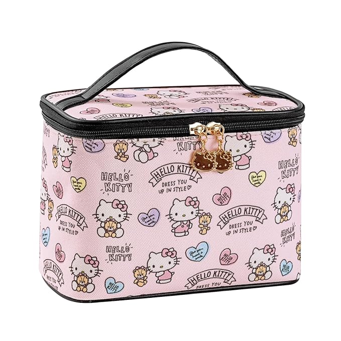 Vimanllie Cosmetic Bag Large Makeup Bag,Travel Toiletry Bags Organizer for Women,Pink Canvas Case with Brush Holder for Girls - Beauty Organizer for Home & Travel with Handle Cartoon Cute