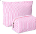 2 Pcs Makeup Bag Set Cute Cosmetic Pouch for Women Seersucker Travel Toiletry Bag Preppy Small Makeup Purse Pouch Aesthetic Skincare Brushes Storage Organizer for Valentine Women(Pink)