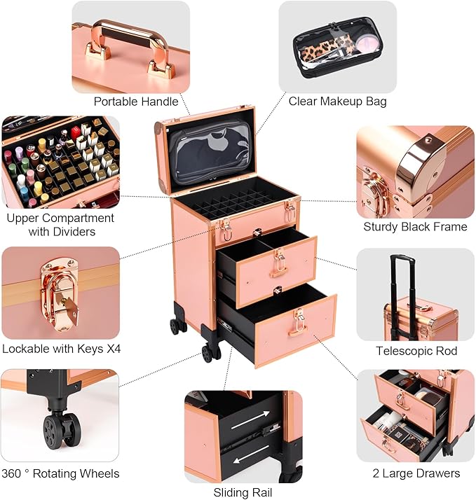 3 in 1 Rolling Makeup Case, Professional Cosmetology Case on Wheels, Detachable Clear Makeup Bag & Nail Polish Organizer, Portable Makeup Trolley with Drawers for Makeup Artists & Nail Technicians