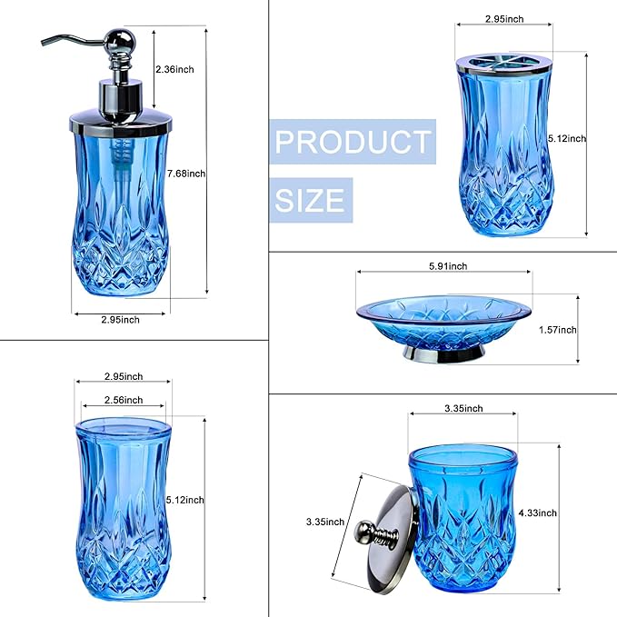 Bathroom Accessories Set,5 Pcs Blue Glass Bathroom Accessory Set,Complete Lotion Soap Dispenser,Toothbrush Holder,Soap Dish,Tumbler & Jar,Modern Bathroom Decor Sets Gift,Round