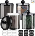 SheeChung 4-Pack Black Acrylic Apothecary Jars with Chalkboard Labels - Shatterproof Qtip Holder for Bathroom - Vanity Storage Canisters for Cotton Swabs,Balls,Floss Picks- Modern Minimalist Decor