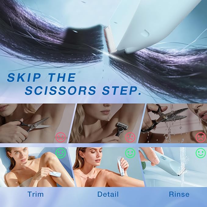 Bikini Trimmer for Women, Dual-Ended Electric Razor Personal Shaver for Bikini Line & Pubic Hair, Waterproof USB-C Rechargeable Body & Face Trimmer for Underarms & Legs (Sky Blue)
