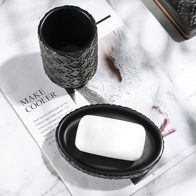 Elegant Bathroom Accessories Set 6 PCS Ceramic and Wood Bathroom Accessory Set Soap Dispenser Toothbrush Holder Tumbler Soap Dish Tray Trash Can Easy to Clean Quatrefoil Pattern Black