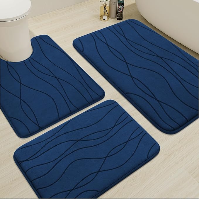YIHOUSE Memory Foam Blue Bathroom Rug Sets 3 Piece, Ultra Absorbent Bath Mat for Bathroom - Non-Slip Machine Washable & Dry Quickly, 3 Piece Bathroom Mat Set, Navy Blue