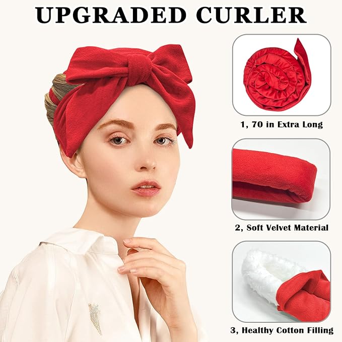 Heatless Curls Overnight Hair Curlers to Sleep In, 9 PCS Velvet Heatless Hair Curler Overnight Curls for Women Long medium Hair Volumes, Heatless Curling Waves Set with Sleep Bonnet - Red