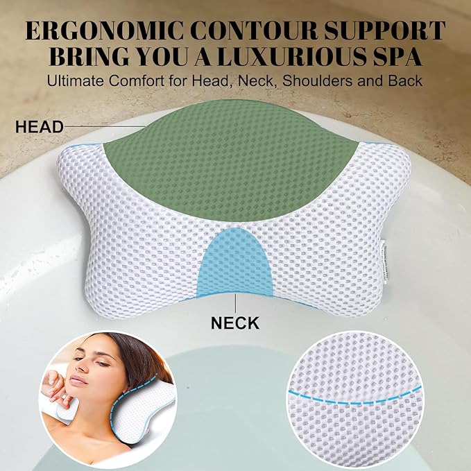 Non Slip Bath Pillow, Luxury Spa Bathtub Head & Neck Rest Support, Permeable Quick Drying Air Mesh Tub Pillow with 4 Large Suction Cups, Fits Any Tubs, Soft and Relaxing (White)
