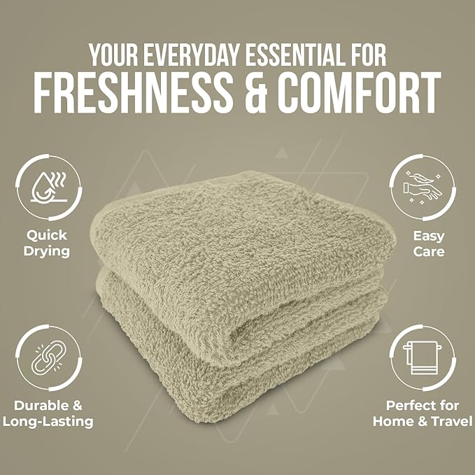 DAN RIVER 12 Pack Wash Cloths for Showering [12x12] - 100% Cotton Washcloths Premium Quality Flannel Face Cloths for Bathroom, Highly Absorbent and Soft Feel Wash Clothes, Beige