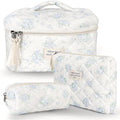 3Pcs Cotton Quilted Makeup Bag Large Travel Cosmetic Bag Coquette Makeup Pouch Cute Aesthetic Floral Toiletry Bag for Women Girls (flower-T)