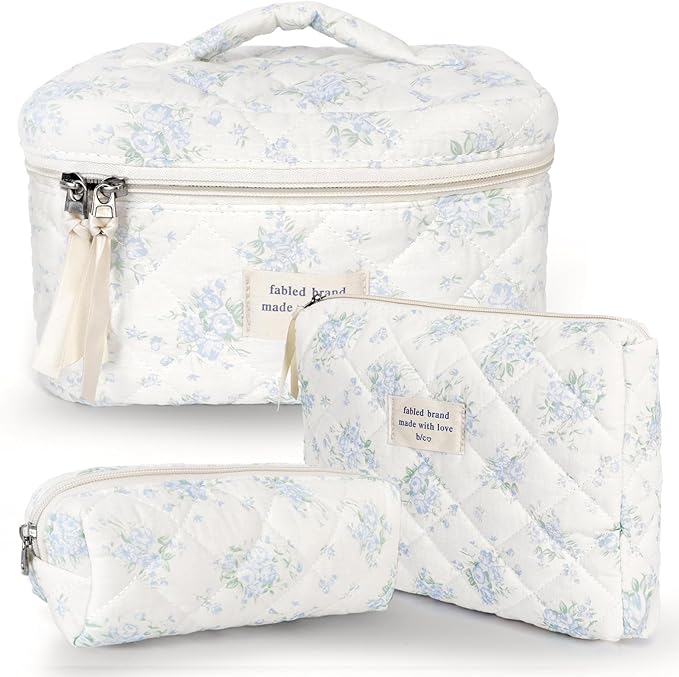 3Pcs Cotton Quilted Makeup Bag Large Travel Cosmetic Bag Coquette Makeup Pouch Cute Aesthetic Floral Toiletry Bag for Women Girls (flower-T)