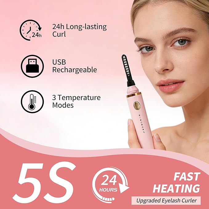 3 Interchangeable Brush Heads Rechargeable Heated Eyelash Curler 24-Hour Lasting curl 5-Second Rapid Heating 3 Temperature Settings Safety Anti-Scald Design (Pink)