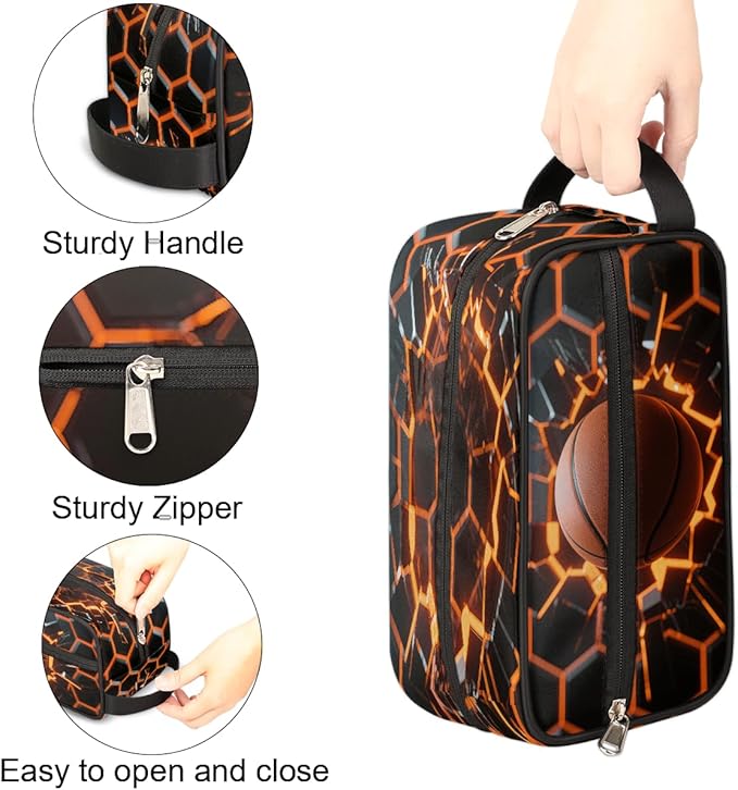 Abstract Basketball Kids Toiletry Bag for Boys Girls, Cosmetic Makeup Bag with Handle, Travel Shaving Kit Organizer, Waterproof Portable Wash Bag for Gym Vacation Camping Sports