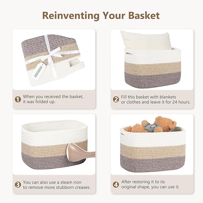 Cotton Rope Storage Basket, 15x10x9 Inches, Woven Basket for Shelves, Clothes, Towels, Books, and Laundry, White Brown (1 Pack)